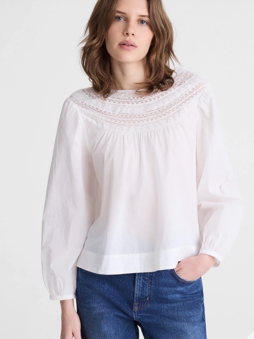 Madewell vintage-inspired  lace-insert high-neck peasant blouse size M